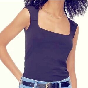 NEW J. CREW‎ Squareneck cap-sleeve top in stretch cotton blend Navy Size XXS